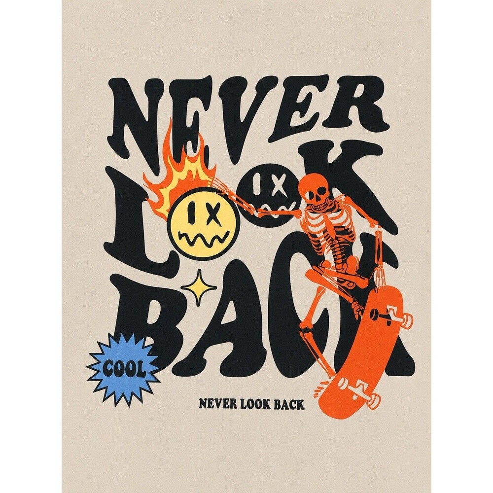 Never Look Back Graphic T-Shirt Medium Beige Streetwear Skeleton Skate Tee